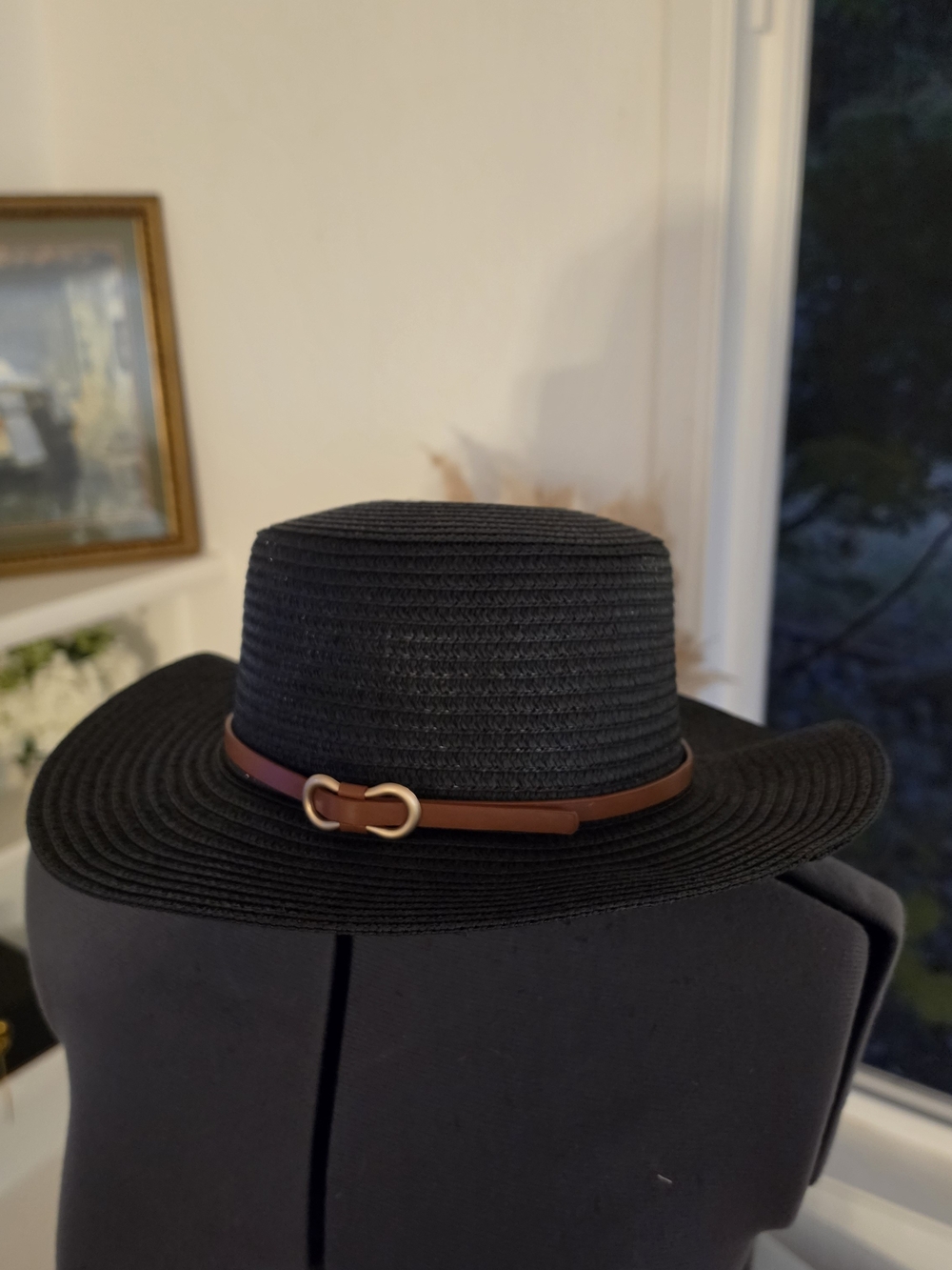 Black Or Cream Straw Rancher Hat with Brown Leather Band